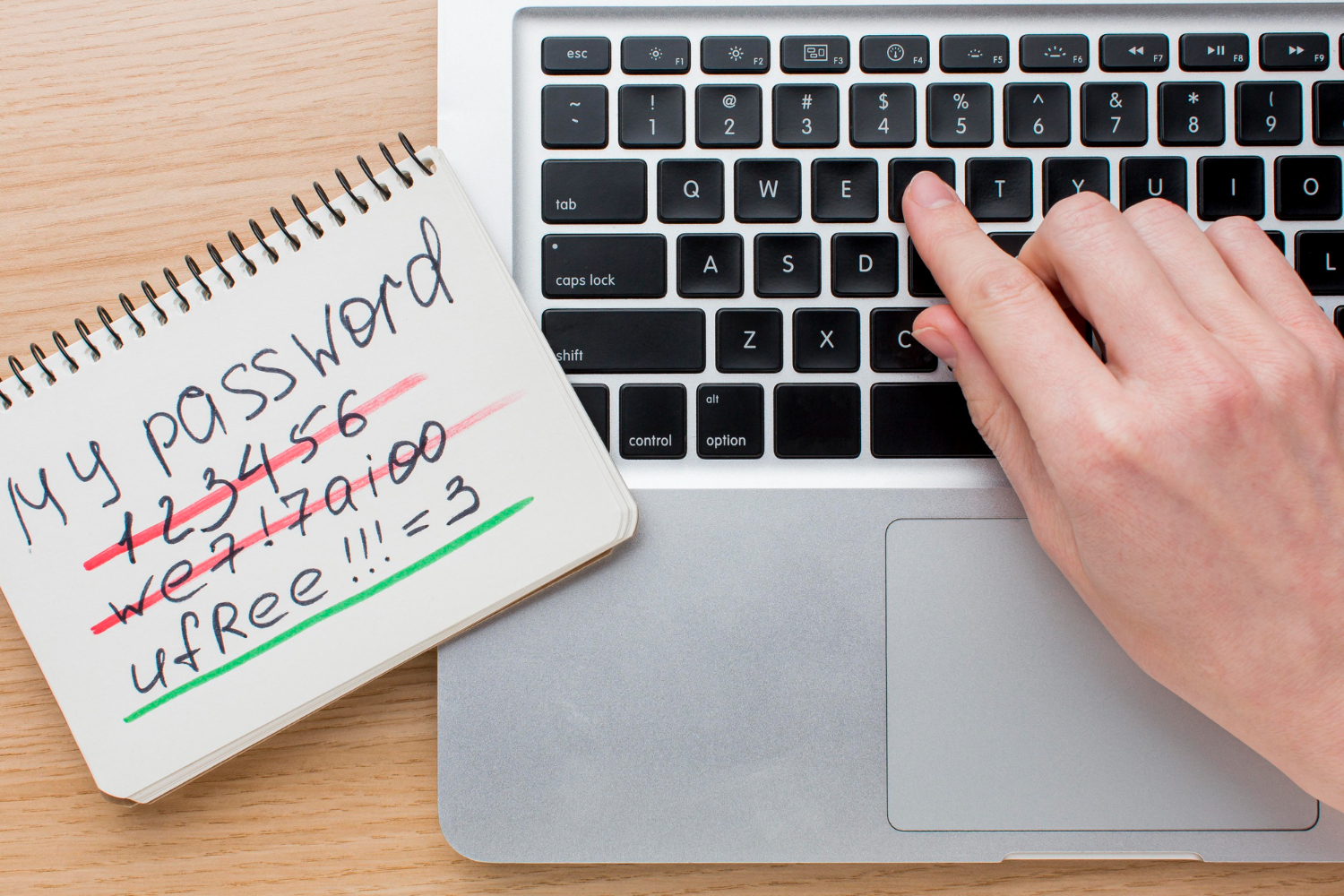 varie password annotate su un foglietto e una mano de che digita con l'indice