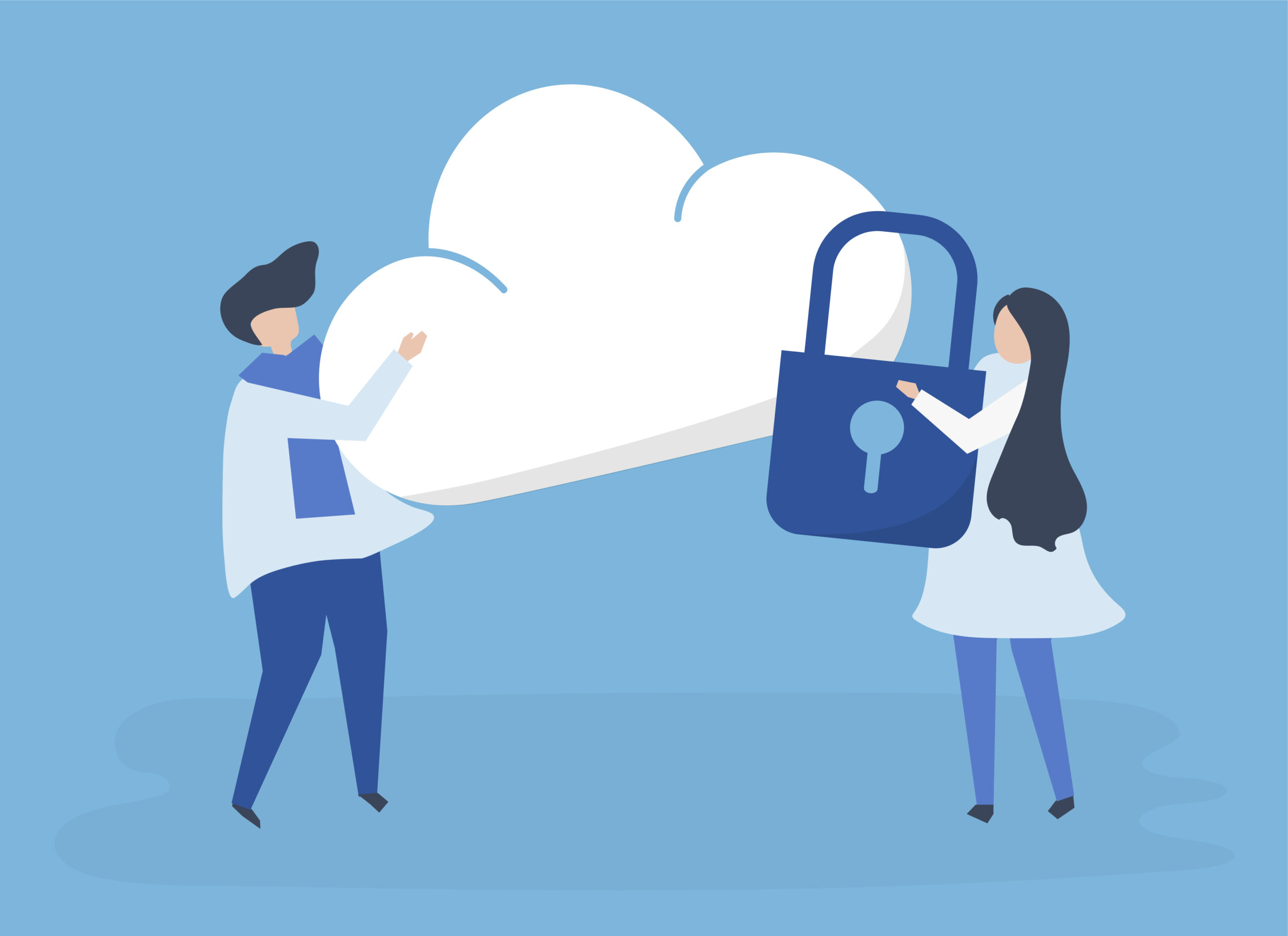 omini che mettono un lucchetto alla nuvoletta del cloud