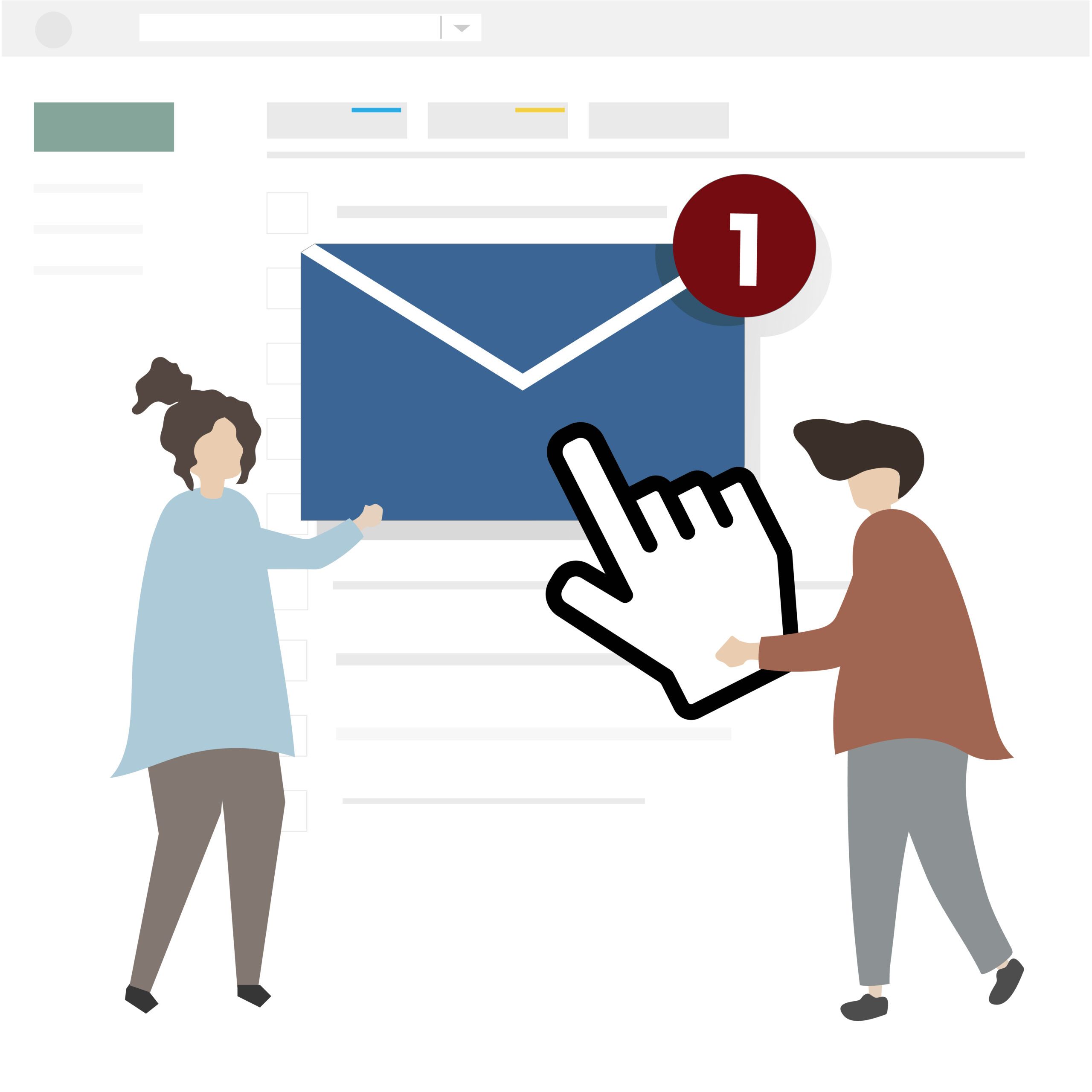 un omino che sorregge una busta che simboleggia le email e un altro omino che sorregge la manina per cliccare le email