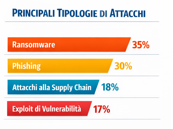 Grafico che spiega le principali tipologie di attacchi: Ransomware 35% Phishing 30% Attacchi alla supply chain 18% Deploit di vulnerabilità