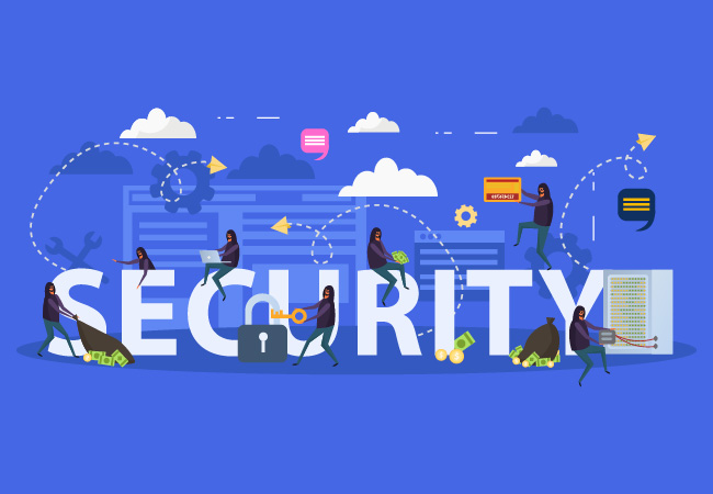 immagine con scritto security e degli hacker che commettono crimini attorno.